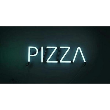 An Instagram photo of my love for pizza displayed in lights. 